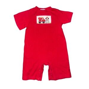 Hand Smocked Red Baby Romper with Fire Truck Design 24m Vive La Fete